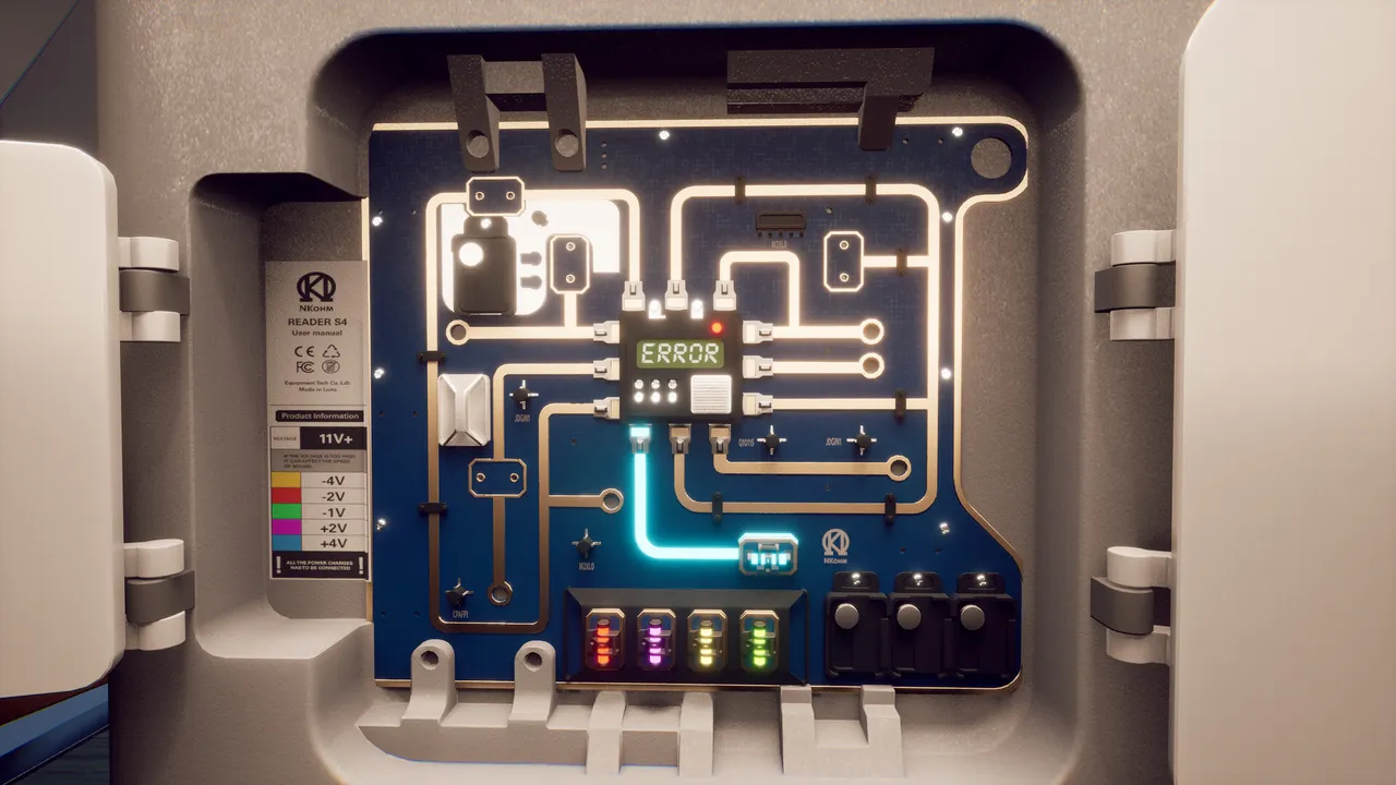 Rivage circuit puzzle with colored power components, a voltage manual and an error display